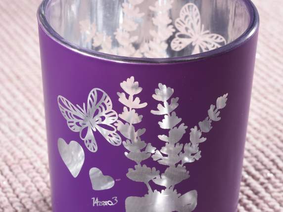 Colored glass candle holder with Lavender decorations