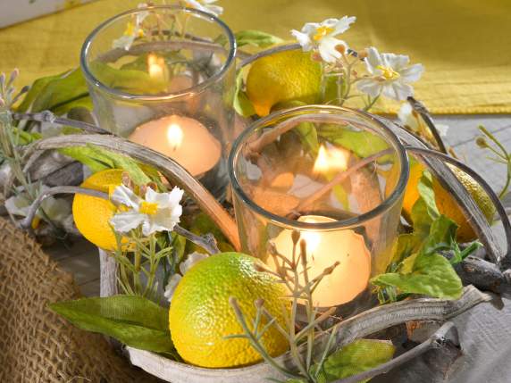 Lemons wooden centerpiece with 2 glass tealight jars