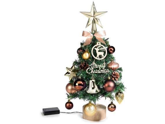Árbol de Navidad con adornos y luces LED sobre base de mader