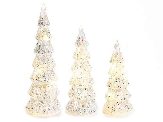Set of 3 iridescent glass trees with sequins and LED lights