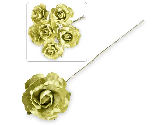 Artificial green paper rose with moldable stem