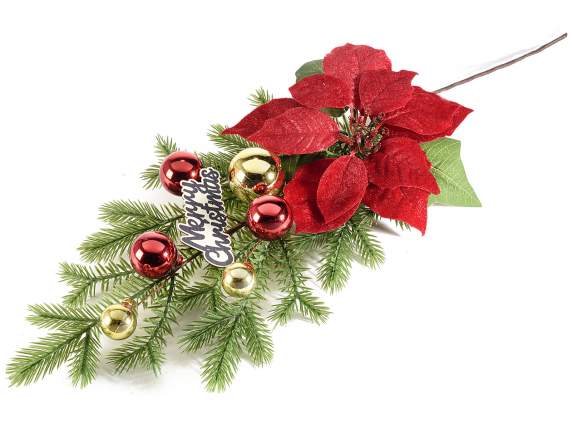 Pine branch with poinsettia, baubles and Merry Christmas tag
