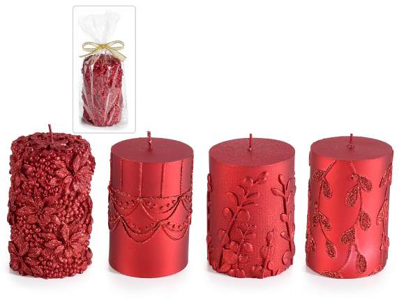 Medium red candle w-embossed decorations in single pack