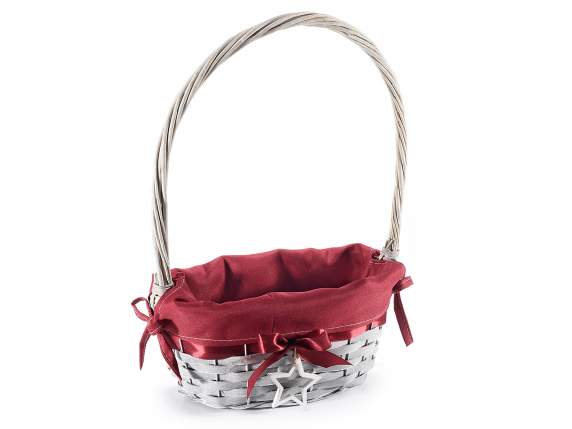 Wooden basket with rigid handle, star, bow and red fabric