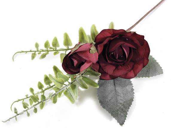Artificial rose with bud and green branches