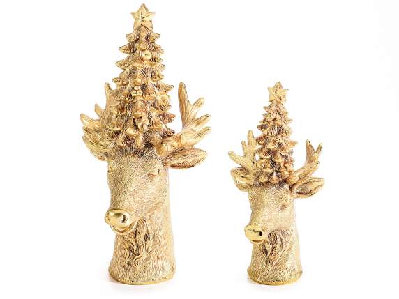 Set of 2 reindeers with gold metallic resin tree to place