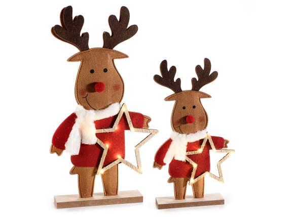 Set of 2 cloth reindeer with star and LED lights on wooden b