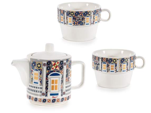 Palazzi porcelain teapot set with 2 cups in gift box