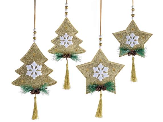 Set of 2 golden decorations in cloth with light to hang