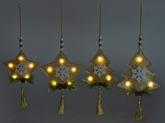Set of 2 golden decorations in cloth with light to hang