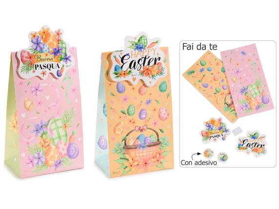 Paper bag with closing sticker and applicable 3D decoration
