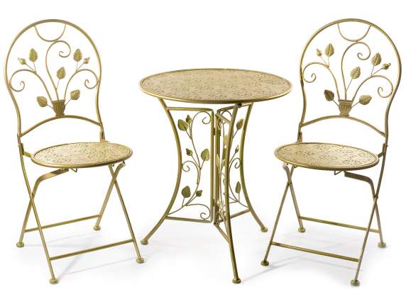 Table and 2 garden chairs set in green-gold wrought metal