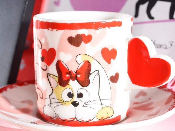 Caja 2 tazas y platillos porcelana Gatos enamorados