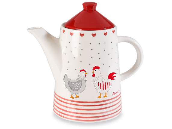 Ceramic teapot with lid and chicken and heart decorations