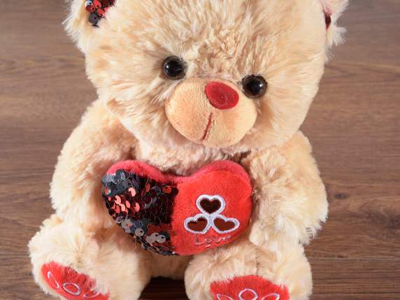 Teddy bear with heart and reversible sequin ears