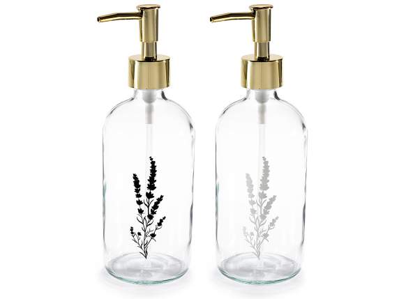 Soap dispenser in transparent glass with lavender decoration