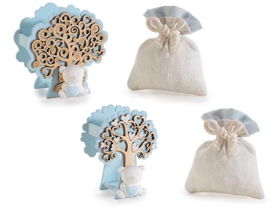 Wooden tree of life with plaster bear and bag