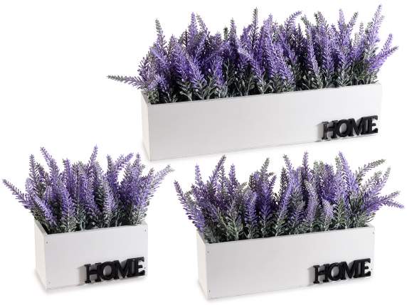 Set of 3 wooden vases with artificial lavender and Home writ