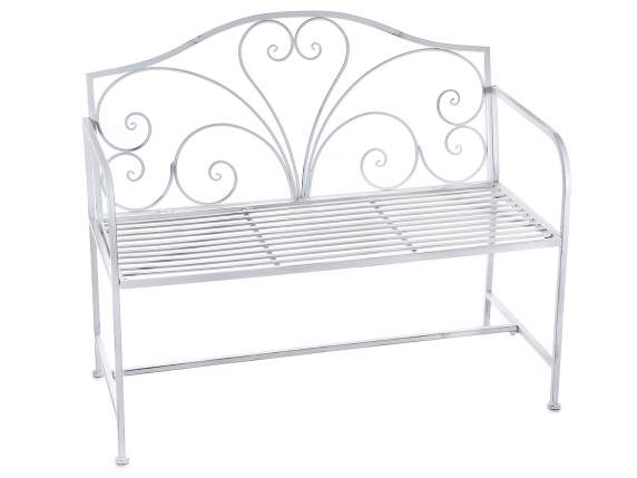 Bench in antique white metal with decorated backrest