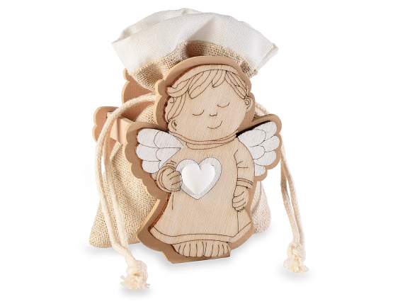 Wooden angel with plaster heart and jute bag with tie