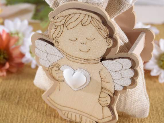 Wooden angel with plaster heart and jute bag with tie
