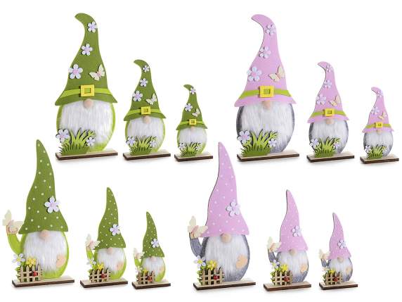 Set of 3 cloth gnomes with flower and butterfly on wooden ba