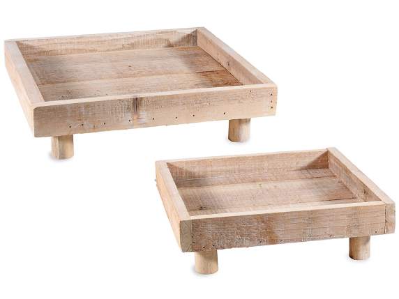 Set of 2 square trays in natural wood with feet