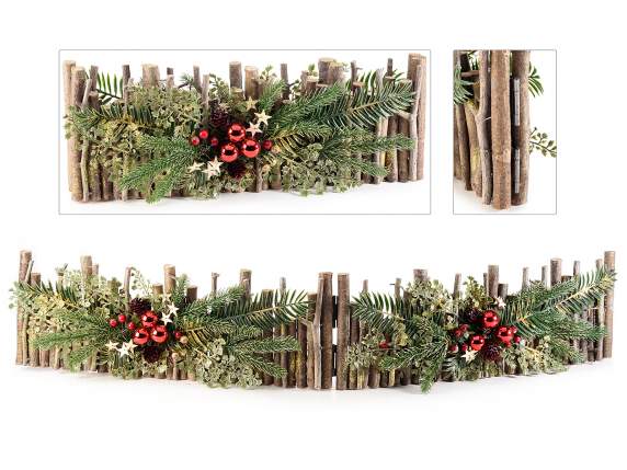 Decorative fence with balls, pine cones, berries and gold gl