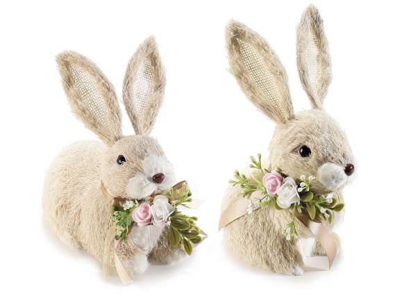 Natural fiber bunny with bow and little flowers