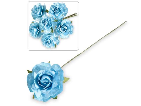 Artificial blue paper rose with moldable stem