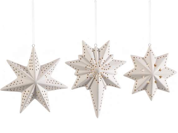 Star in opaque white porcelain with LED lights to hang