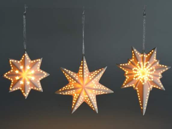 Star in opaque white porcelain with LED lights to hang