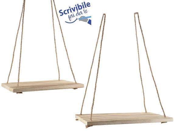Set of 2 shelves in natural wood with hanging ropes