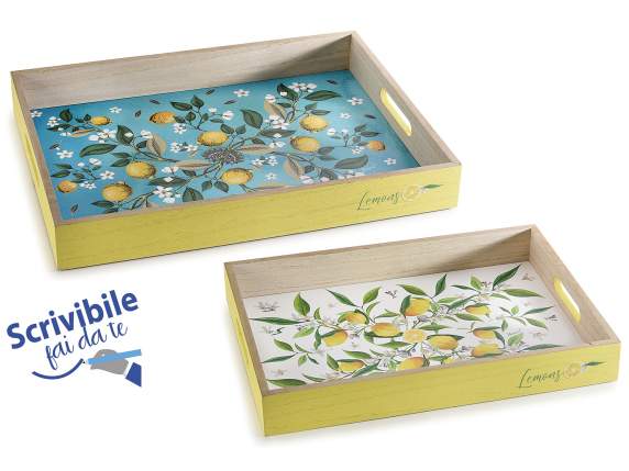 Set of 2 wooden trays with Lemons decorations