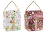 Baúl de papel con estampado de hierbas y asa de cuerda