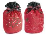 Bolsa de terciopelo con adornos navideños bordados y cordón.