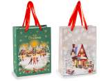 Bolsa/sobre de papel mediano con asas y decoración navideña.
