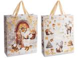 Bolsa/sobre grande de papel navideño con asas de satén.