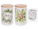 Borcan ceramic cu capac decorat cu ierburi aromatice