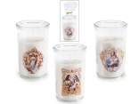 Bougie votive avec images sacrées dans un bocal en verre