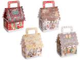 Caja de papel con forma de casa, asa y estampado navideño