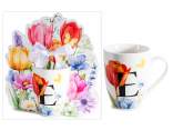 Cană de porțelan de 300 ml cu imprimeu floral și litera E