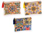 Canvas clutch bag with majolica decorations, zip and tassel