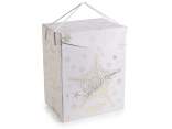 Cardboard box with shiny gold-like Christmas decorations