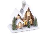 Casetta in legno con mantello di neve e luci LED