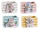 Cestino in legno colorato a staccionata con decori conigli