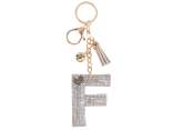 Charm / portachiavi lettera F argentata con strass e nappina