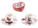 Conf. regalo 2 tazzine 90ml e piattini a cuore in porcellana