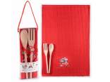 Conf. regalo asciugapiatti cotone ricamato e 2 posate legno