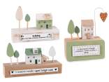 Decorative wooden landscape with houses, trees and writings